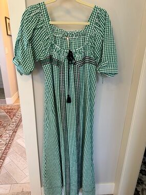 Free People Green Gingham Maxi Dress with Black Tassel Tie